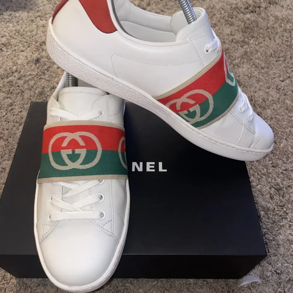 Gucci Ace Elastic Web Interlocking GG White Slip On Sneakers Men’s 9.5